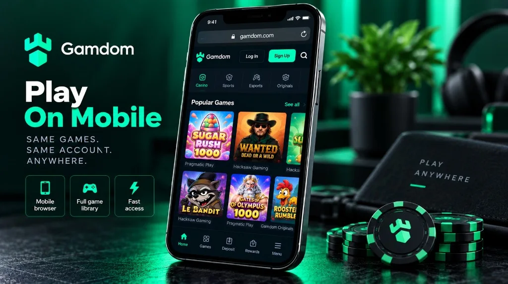 Gamdom mobile website on a phone with casino chips, showing play on mobile in the browser