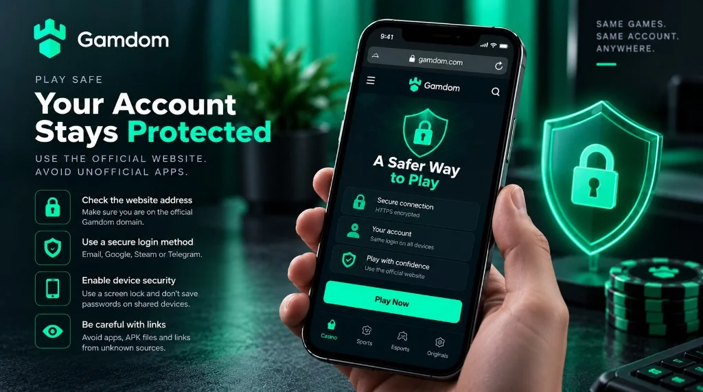 Gamdom mobile security checklist: use the official website, check the address, and avoid unofficial apps