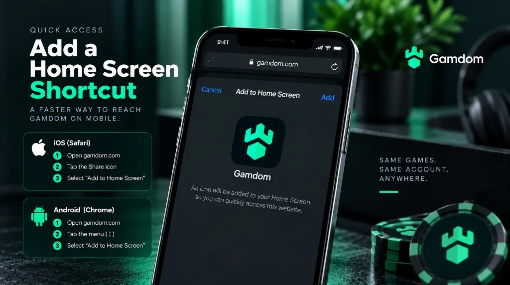 How to add a Gamdom home-screen shortcut on iOS Safari and Android Chrome
