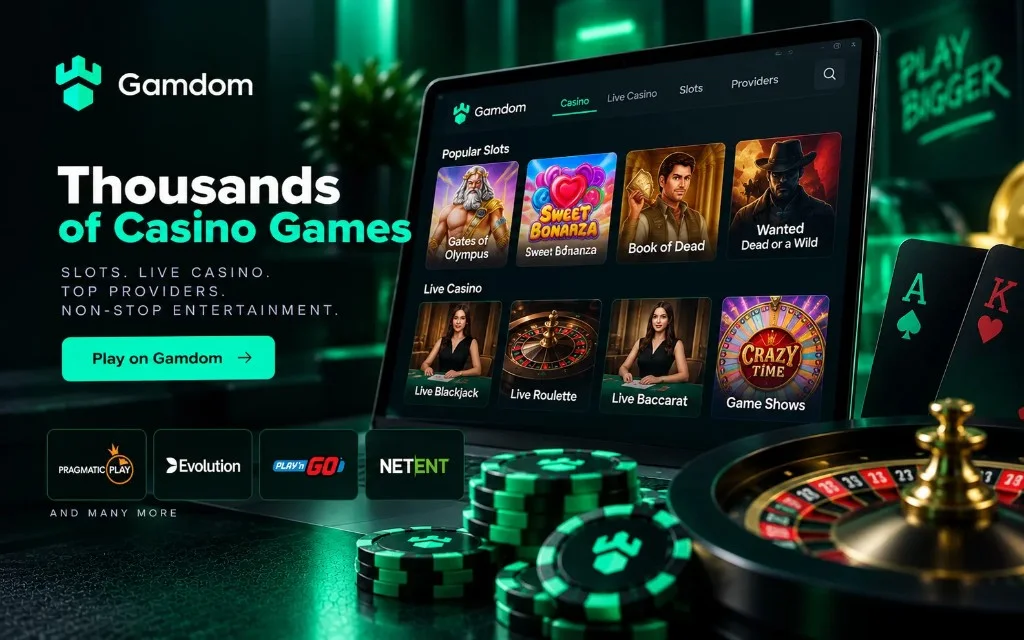 Gamdom casino lobby with slots, live tables, chips and a roulette wheel