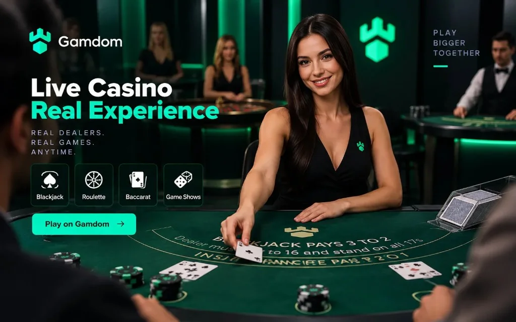 Live casino blackjack table with a dealer, chips and real-time table games