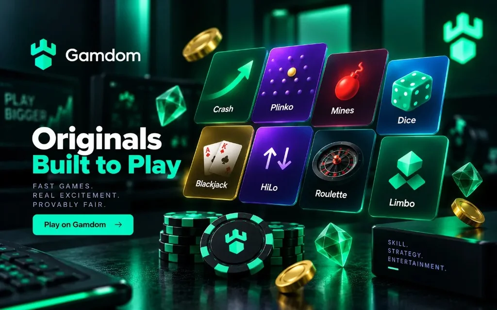 Gamdom Originals game cards including Crash, Plinko, Mines, Dice, Blackjack, HiLo, Roulette and Limbo