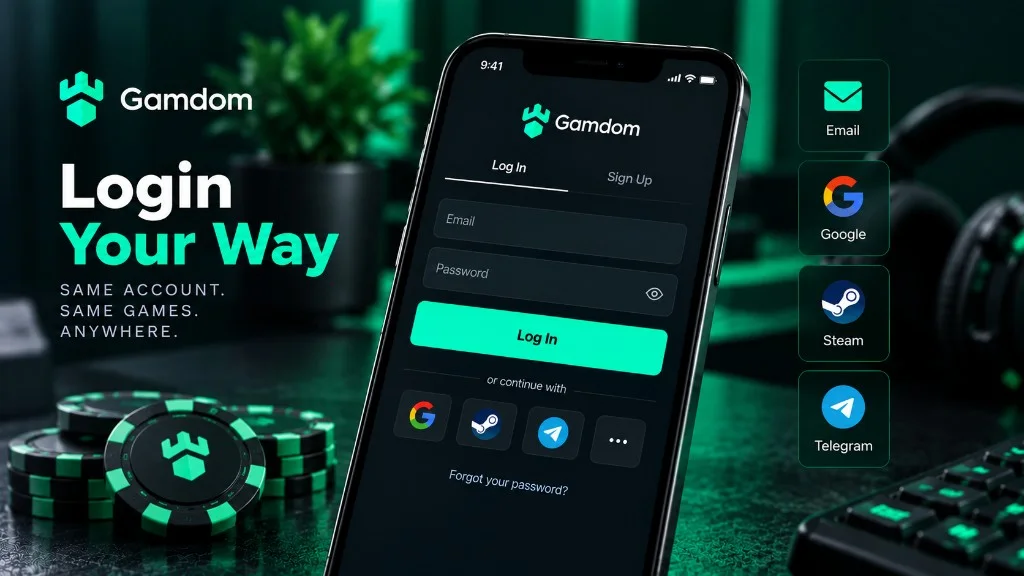 Gamdom login on mobile with email, Google, Steam and Telegram sign-in options