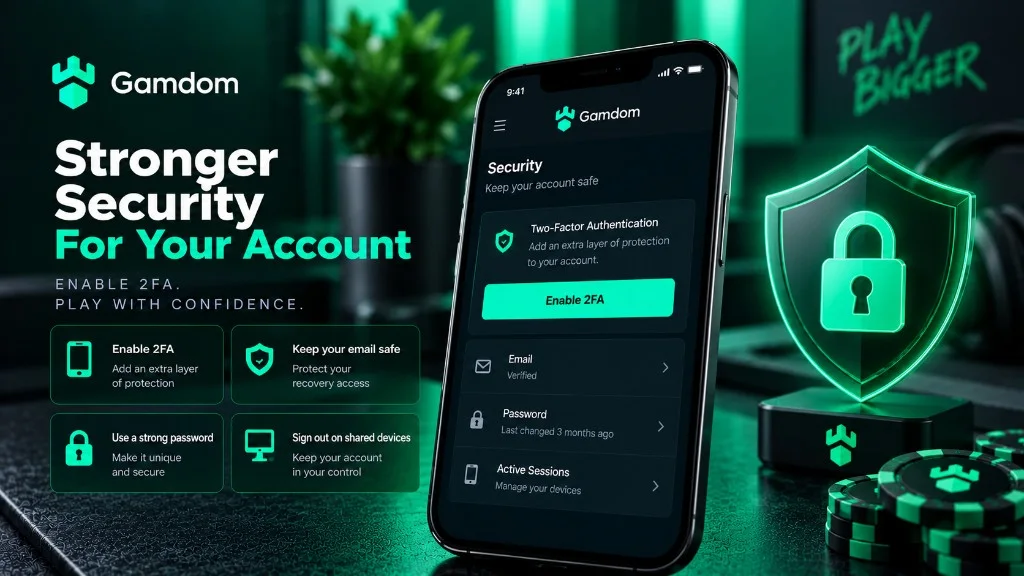 Gamdom account security: enable 2FA, protect email access, use a strong password and sign out on shared devices