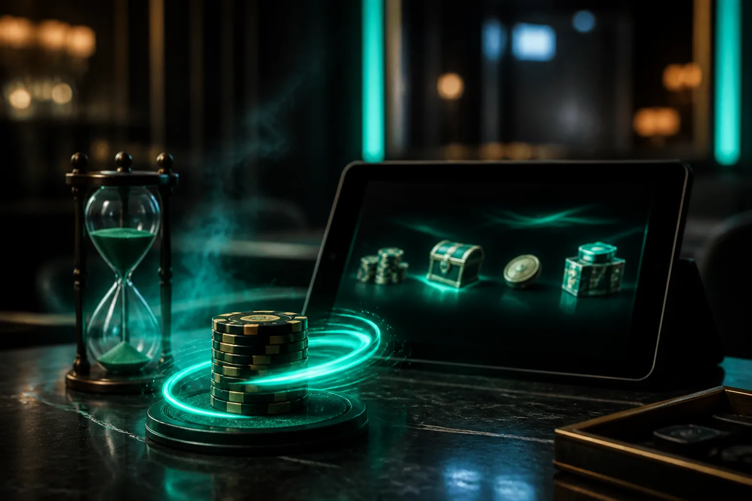 Mint glow around casino chips, hourglass and a rewards tablet on a dark desk