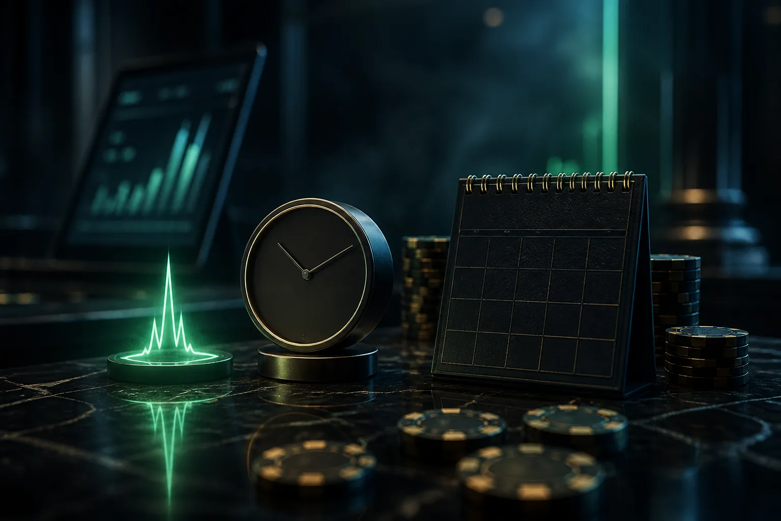 Three mint-lit reward markers for instant, weekly and monthly cycles on a dark desk