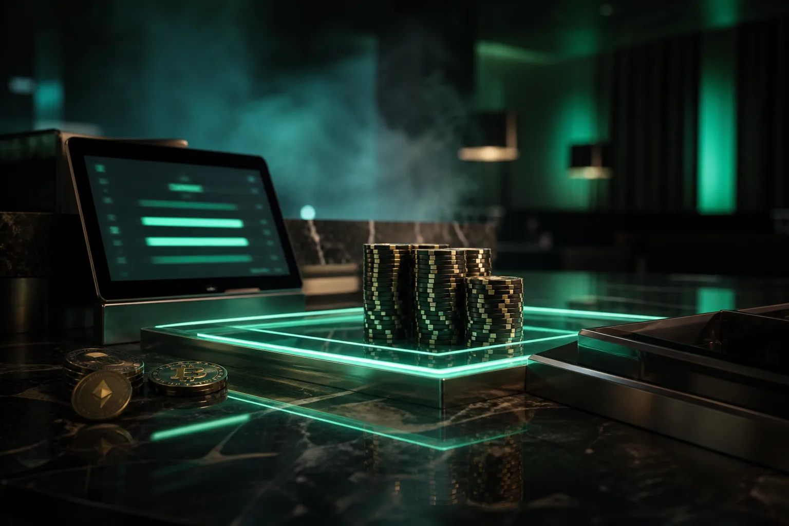 Casino chips, crypto coins and a mint-lit rewards tablet on a dark desk